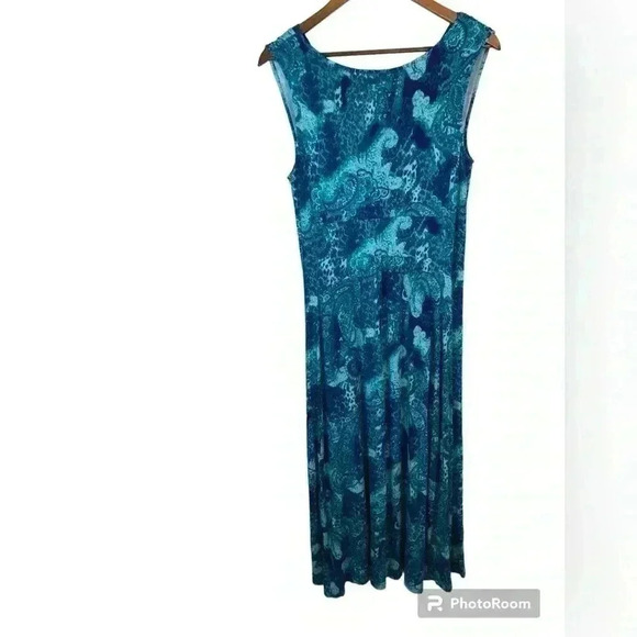 Liz Lance Womens Large Turquoise and Blue Maxi Dress Embellish Waist Sleeveless - Picture 2 of 6